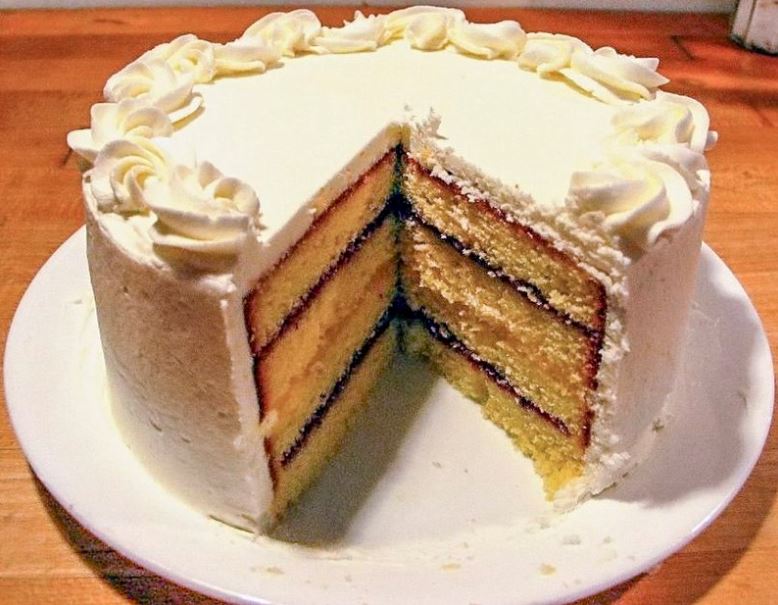 A delectable, layered pound cake with buttercream frosting.